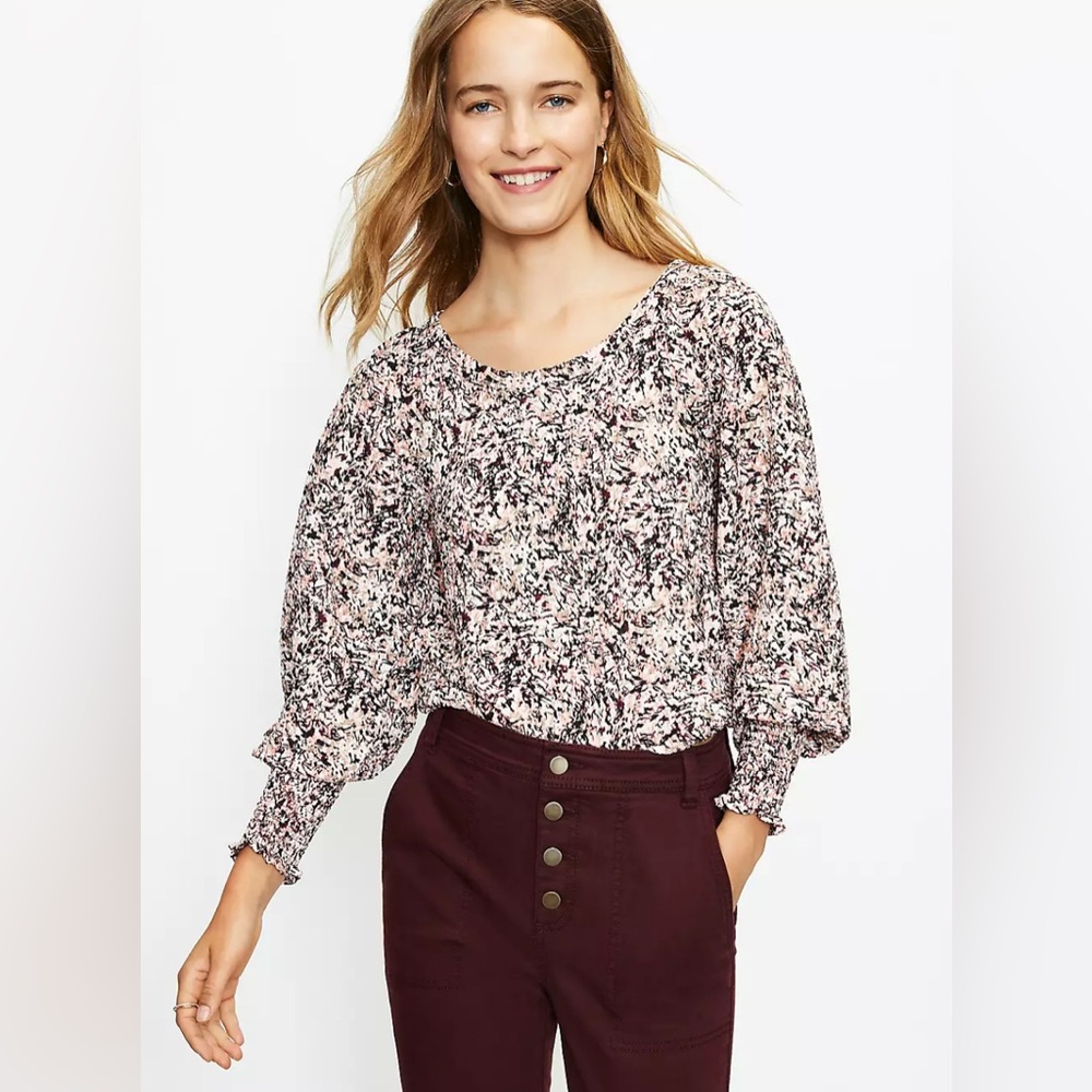 LOFT Peach Black Cream Abstract Print Long Sleeve Smocked Cuff Blouse Top Small